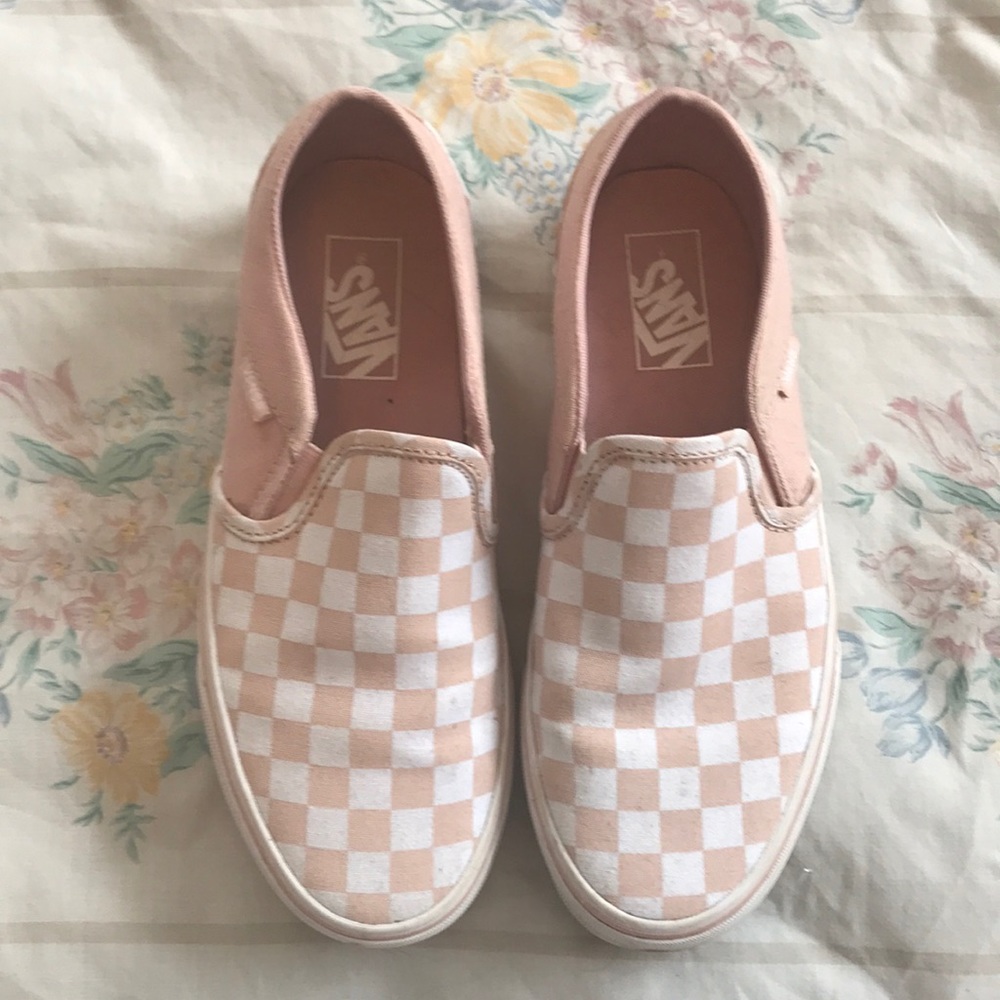 Light Pink Checkered Slip On Vans